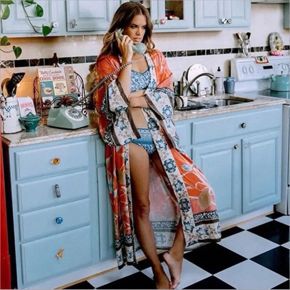 454. LAST 1! bohemian retro red orange blue look red blue maxi kimono long - Picture 4 of 4